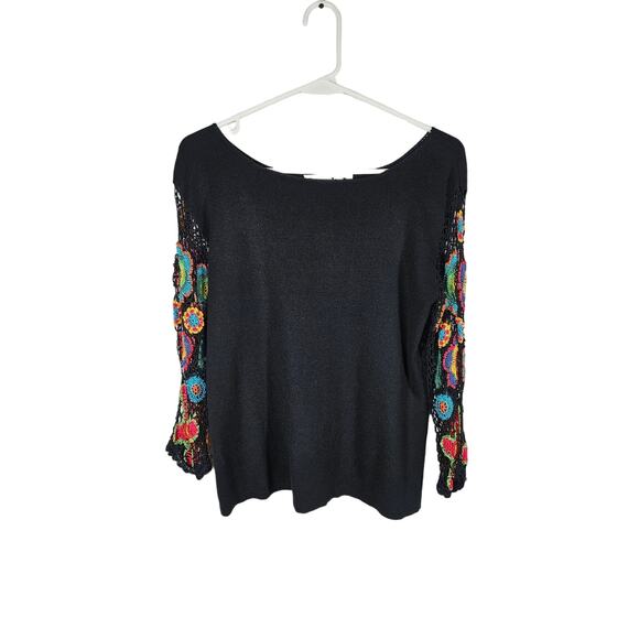 Joseph A.  Black Knit Top with Colorful Crochet 3/4 Sleeves Sz Medium Silk Blend - Picture 1 of 7